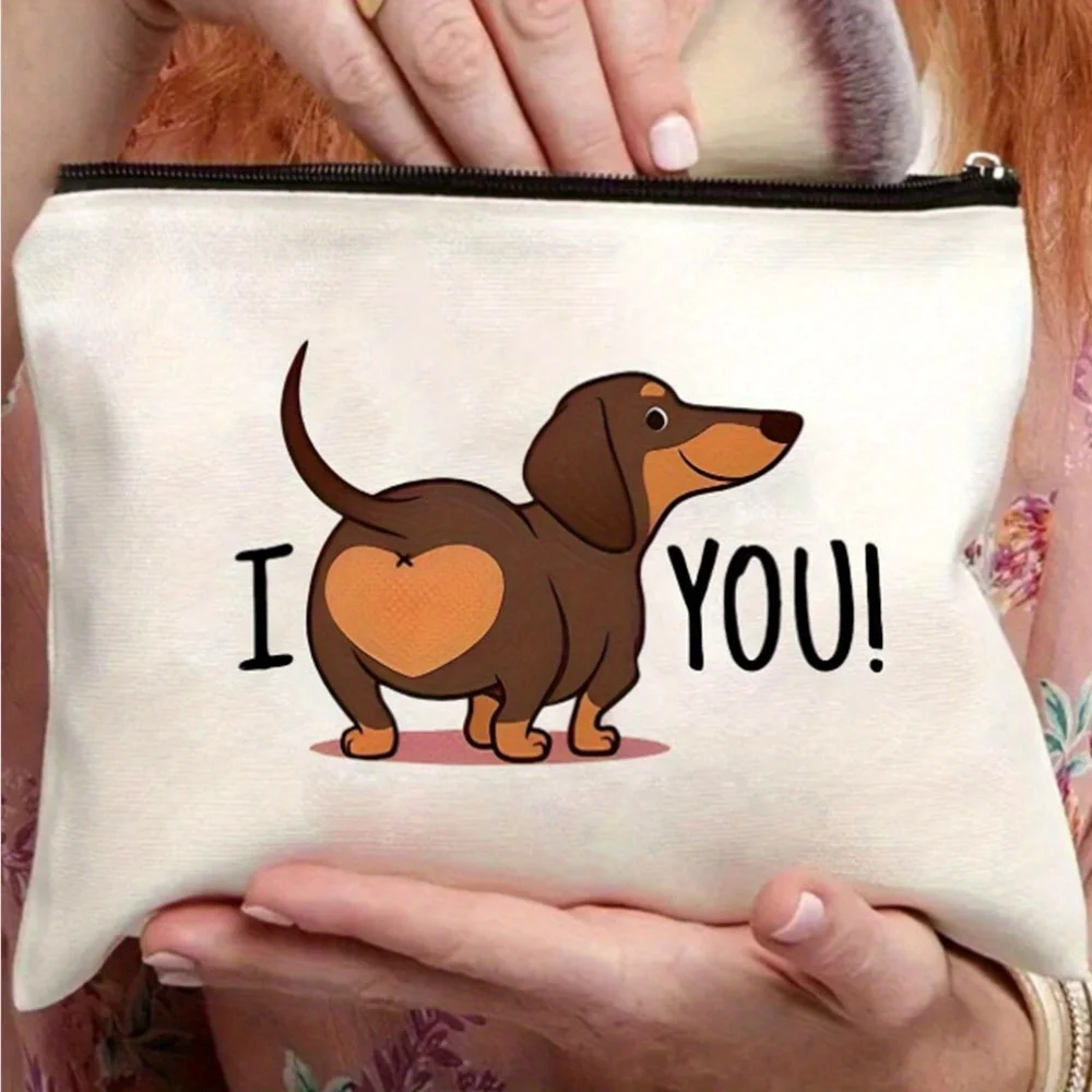 Funny Dachshund Butt Makeup Bag - Cute Brown Puppy with "I YOU!" Heart, Mini Zip-Free Purse for Women, s, Teachers