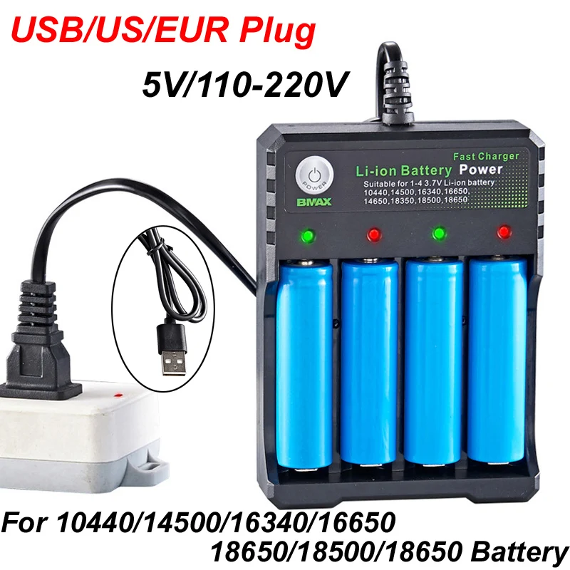 USB 5V 2A /US/EUR Plug 110V-220V 4 Slot 4.2V Li-ion Independent Charging 10440 14500 16340 16650 14650 18350 18500 18650 Battery