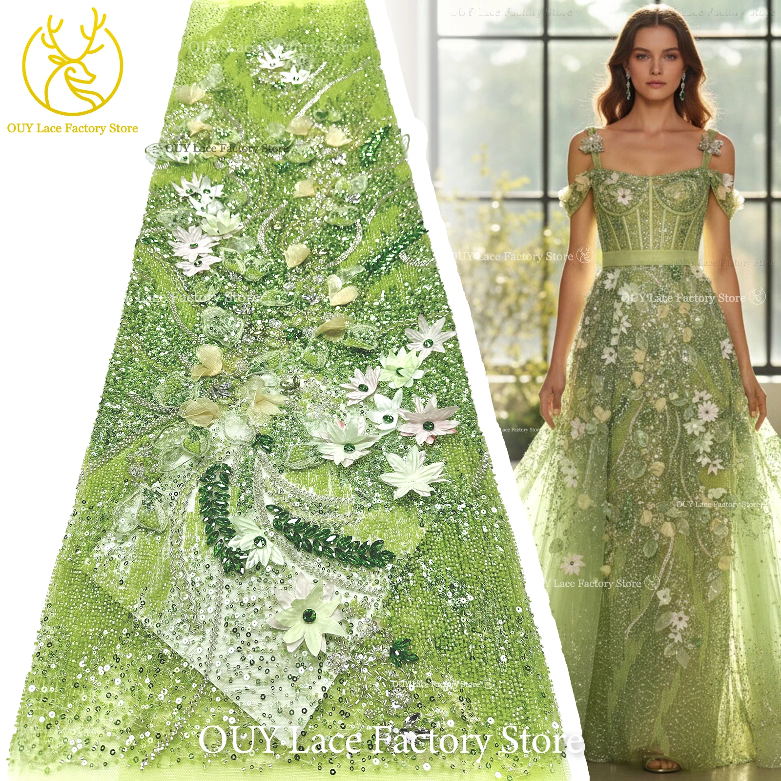 Hochwertiger luxuriöser französischer Edelstein-Perlenstickerei-3D-Blumen-Afrikanischer-Pailletten-Spitzenstoff für DIY handgefertigtes Hochzeitskleid. – Detail 5