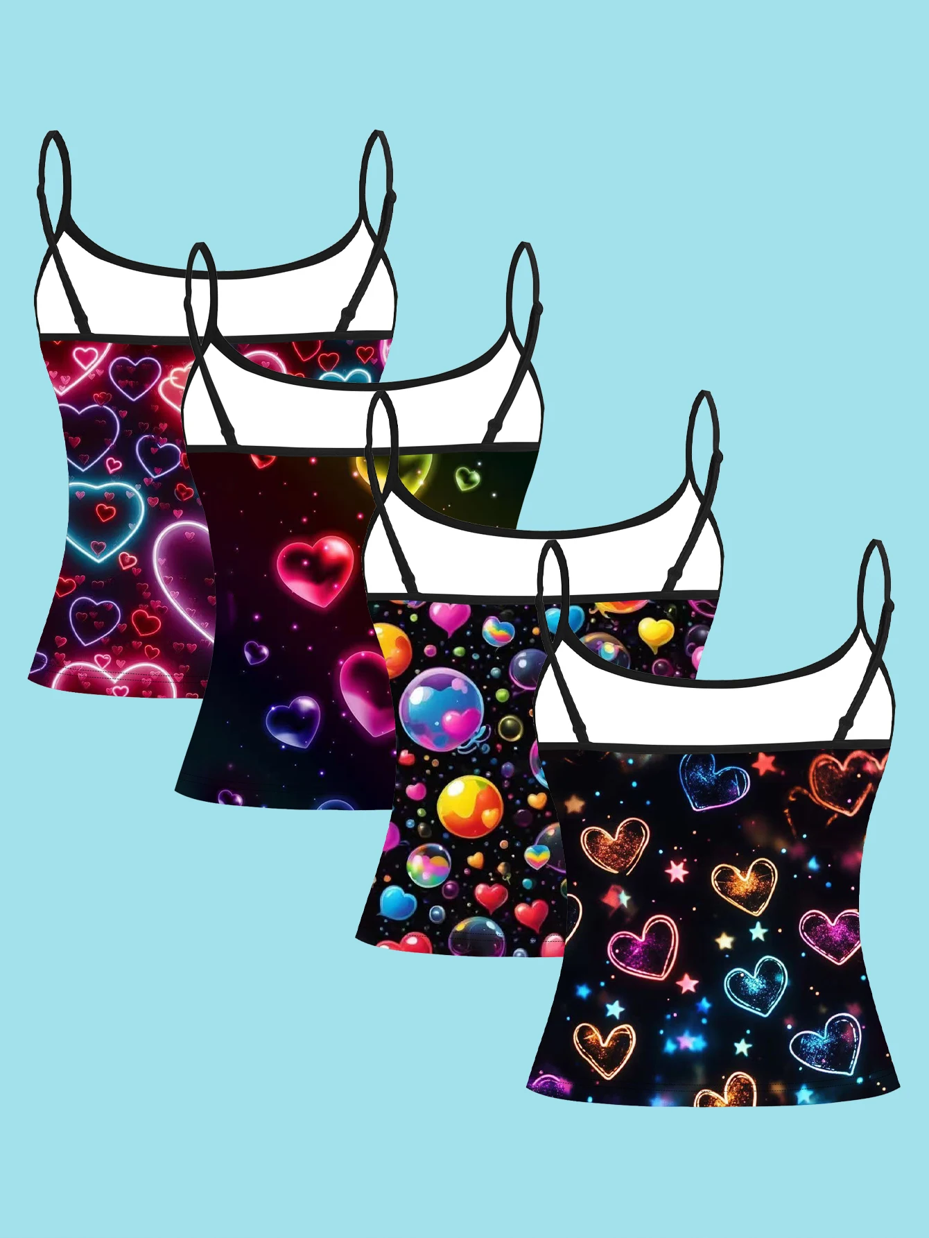 Women's 4-Piece Printed Camisole Set, Pink Neon Multi-Layered Hearts, Gradient Transparent Glowing Hearts, Colorful Bubble Hearts, Glitter Starlight Heart Patterns, Slim-Fit Sleeveless Tops for Outerwear