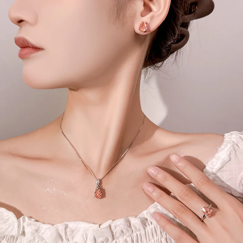 4pcs Elegant Vintage Jewelry Set for Women Pink Gem Droplet Shape Necklace Shiny Crystal Choker Bridal Wedding Earrings Party