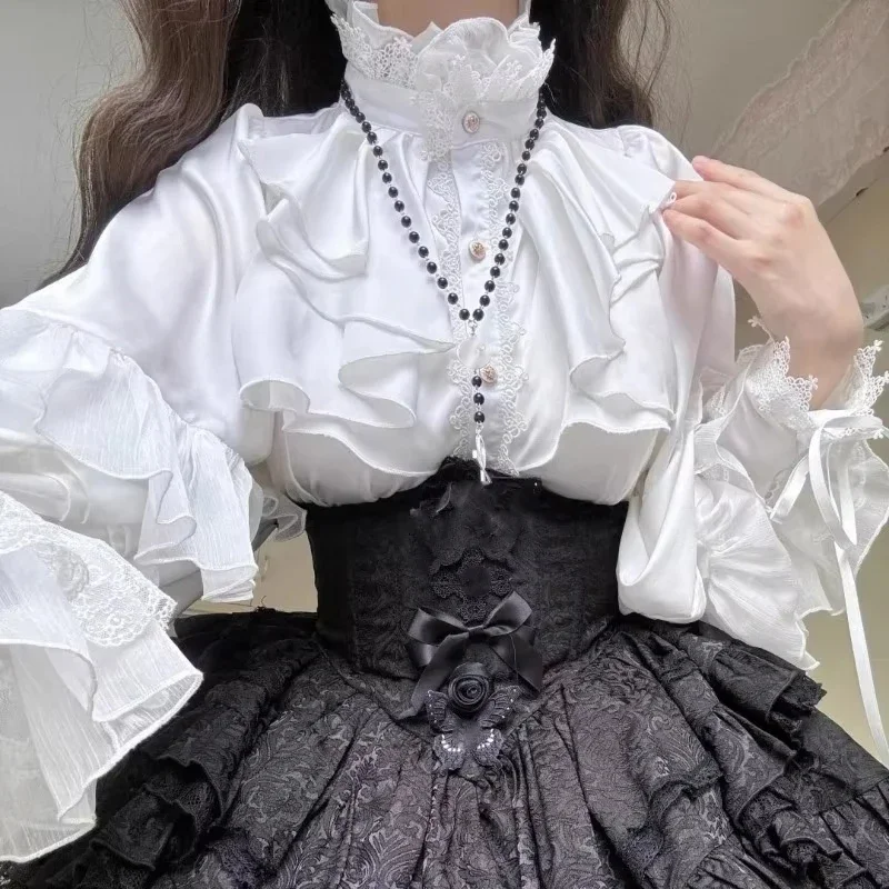 

Y2k готическая темная академическая одежда 2024, ранняя осень, новая черная рубашка в стиле Лолиты, женские облегающие однобортные топы с воротником-стойкой