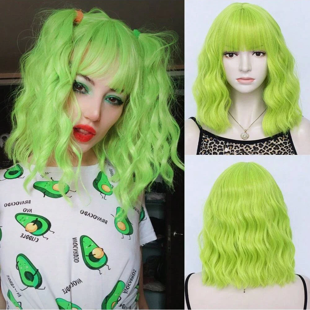 MSIWIGS krótkie Bobo faliste peruki Cosplay dla kobiet zielona syntetyczna peruka Lolita z grzywką dla dziewczynki