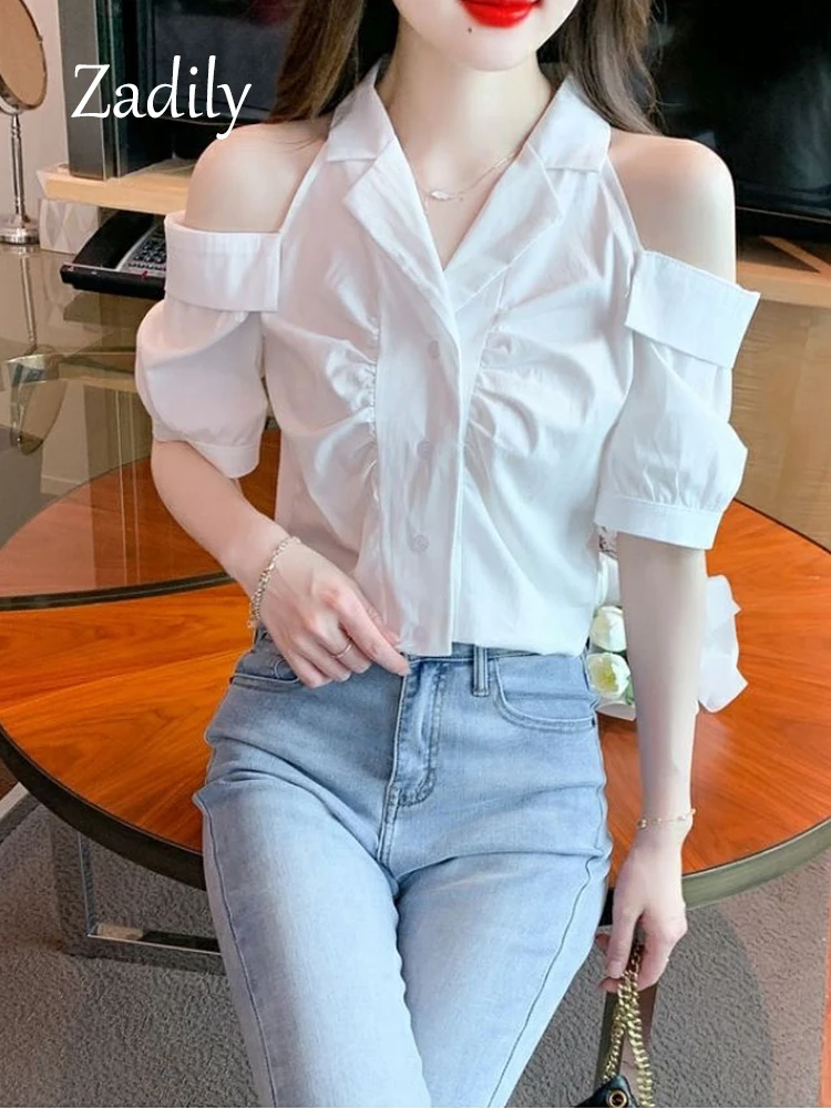 Zadily Causal Short Sleeve Women Shirt 2023 Summer Korea Style Off Shoulder Button Up Elegant Woman Blouse Slim Clothing Tops