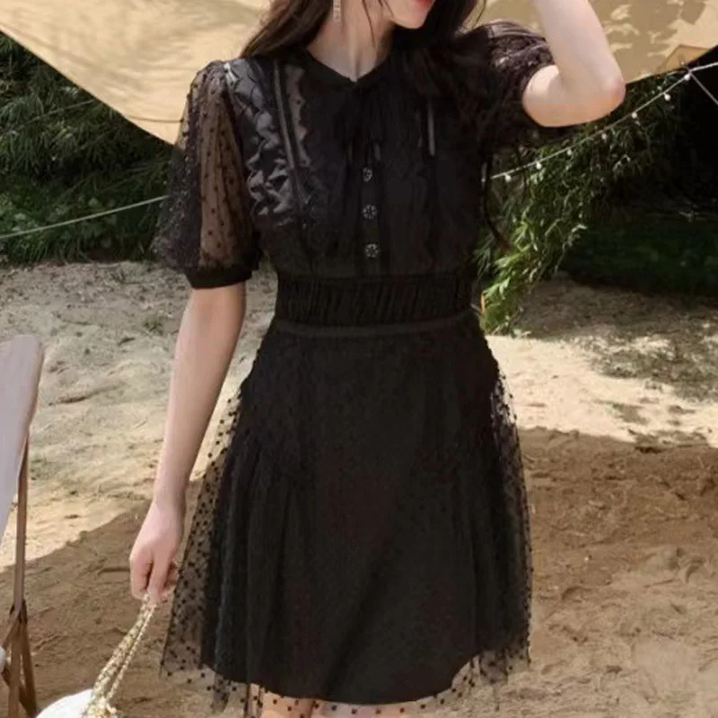 

Elegant Lady Black Lace Dress for Women Casual O-neck Short Sleeve Dresses Spring 2023 Vintage High Waist Vestidos for Women