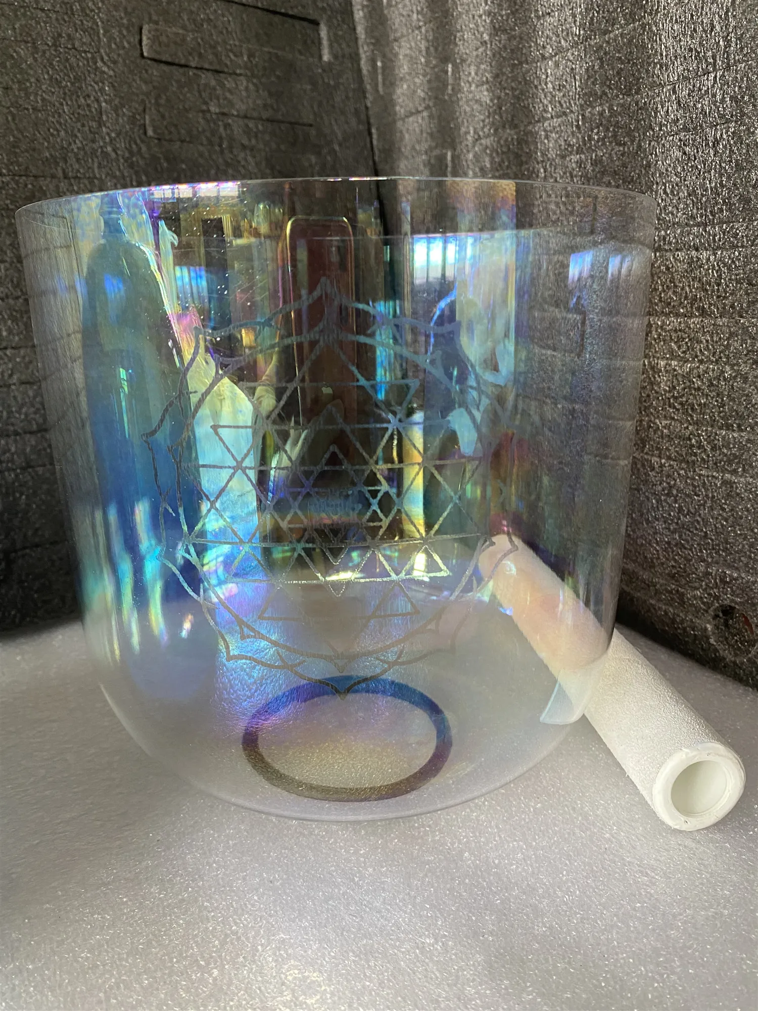 Star Linkup Third Octave E & F Tone Cosmic Tinted Quartz Resonance Bowl Carved with Shri Yantra Pattern, Targeted Heart Chakra Regulation, Premium Hand Engraved Instrument