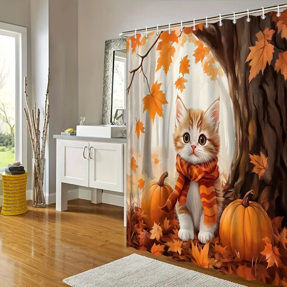 

"Adorable Autumn Kitten Waterproof Shower Curtain with Pumpkins and Leaves for Cozy Bathroom Decor Accessories"