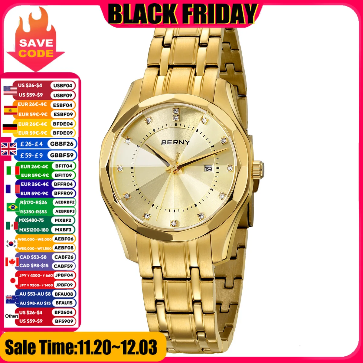 Reloj BERNY para mujer, reloj de pulsera resistente al agua, reloj dorado, reloj de cuarzo de acero inoxidable, reloj de moda para hombre y mujer