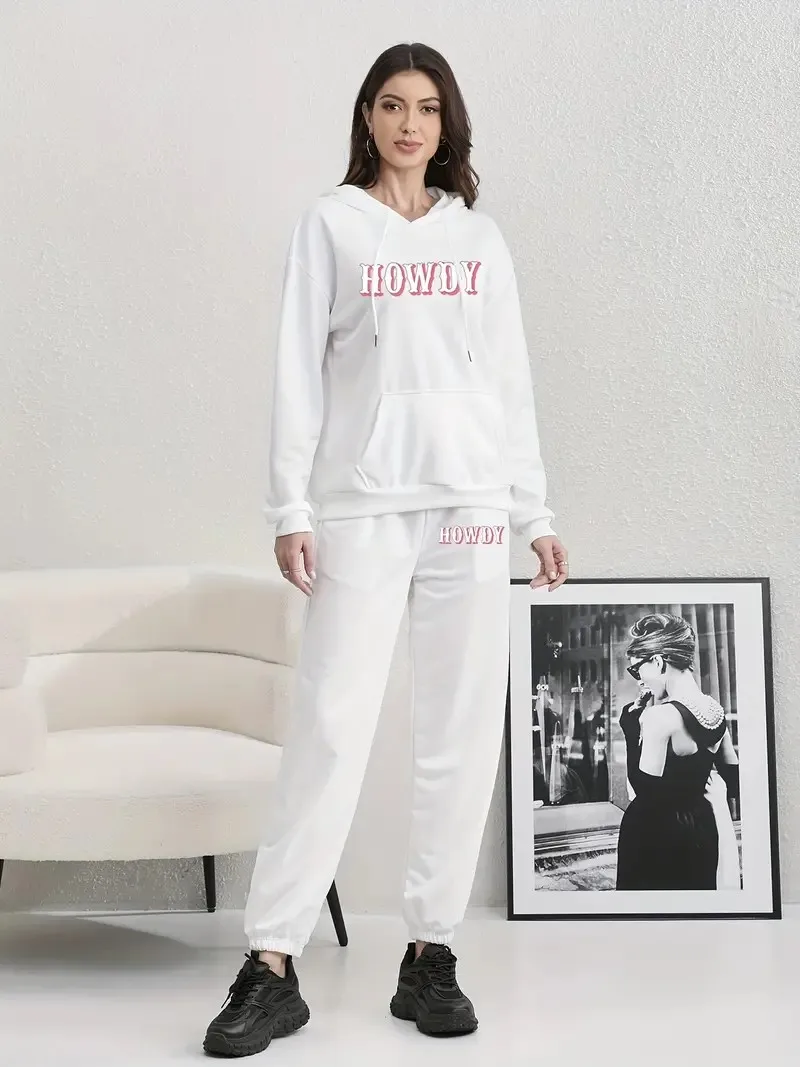 Fashion simple HOWDY letter pattern print, women's hoodie sweatpants 2 sets women's clothes 2 sets women's sportswear