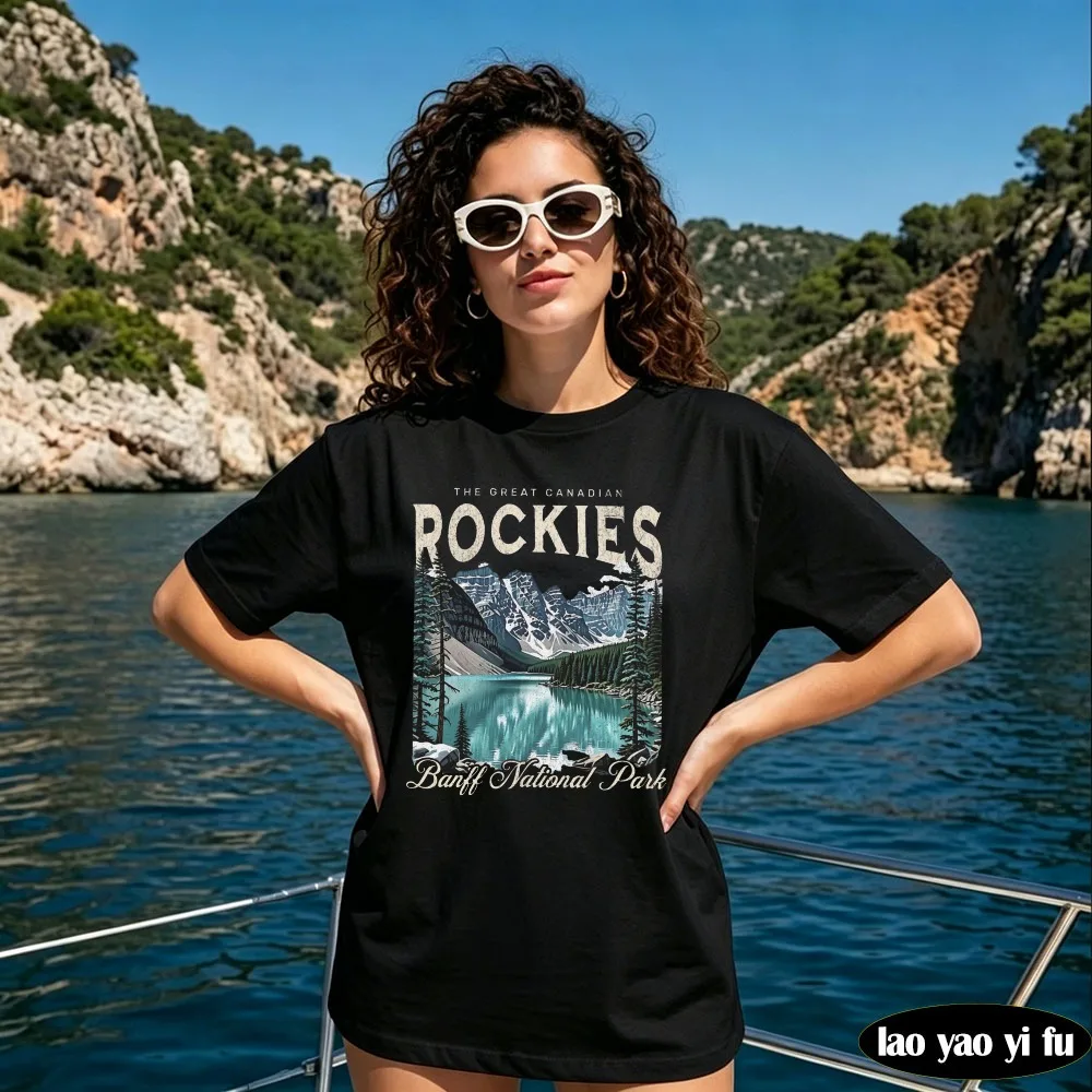 Canadian Rockies T-Shirt Banff National Park Vintage Style Outdoor Hiking Enthusiasts Gift Trending Graphic Print Tops