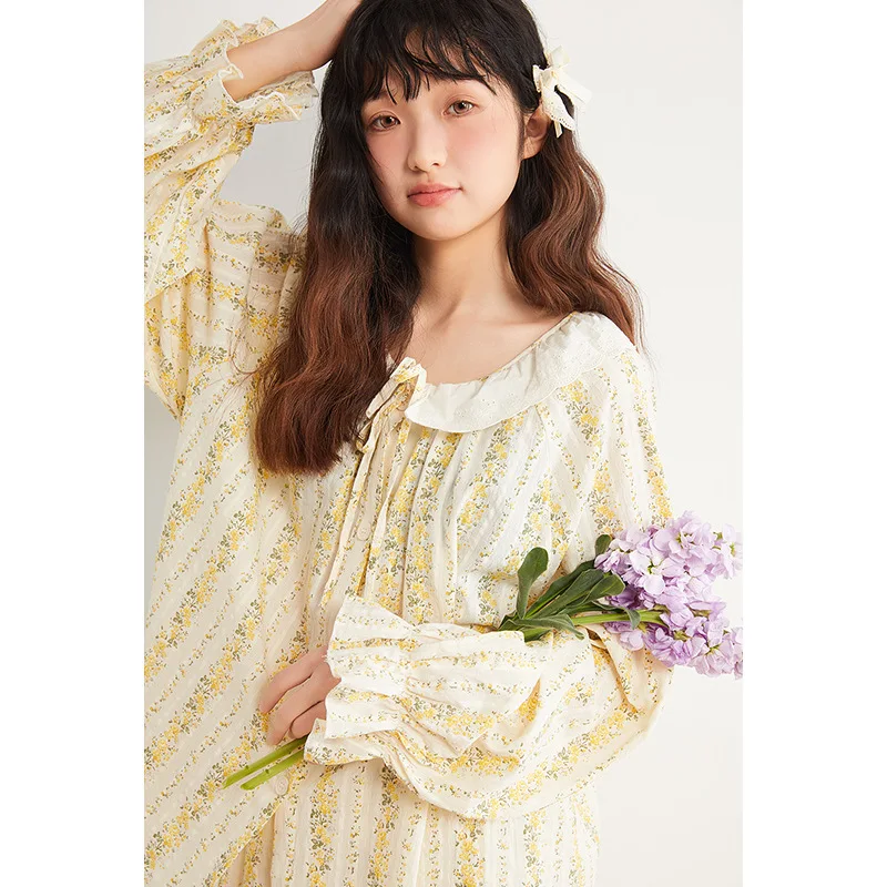 الربيع والخريف جديد منامة المرأة القطن الخالص جولة الرقبة سترة أصفر مخطط زهرة ملابس المنزل يمكن ارتداؤها في الخارج #2