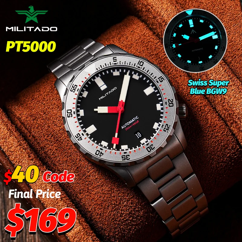 Militado New ML20 Automatic Mechanical Wristwatch PT5000 Sapphire 200M Waterproof Stainless Steel Bracelet 39Mm Luxury Watch Man