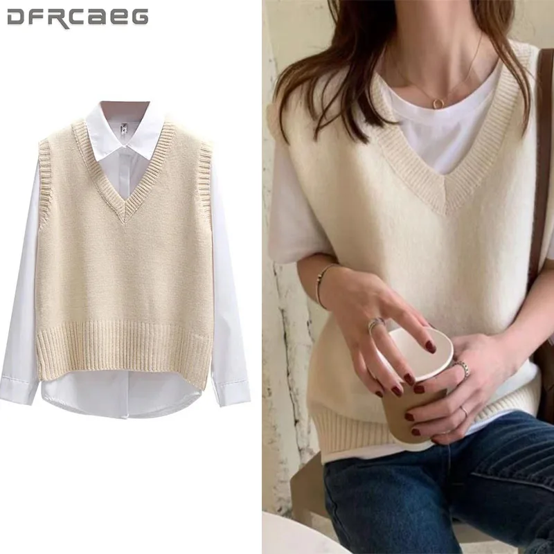

Sweater Vest Women 2025 Korean Fashion V Neck Sleeveless Knitted Pullover Waistcoat Female Loose Spring Jumper Knitted Tops