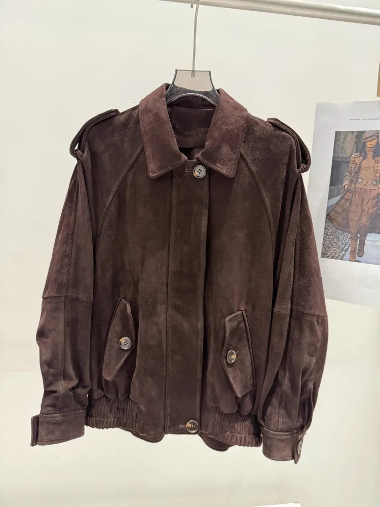 Vintage Lose Fit High Street Casual Frauen Echtes Leder Jacke Frühling Herbst Dame Hohe Qualität Wildleder Ziegenleder Motorrad Mantel