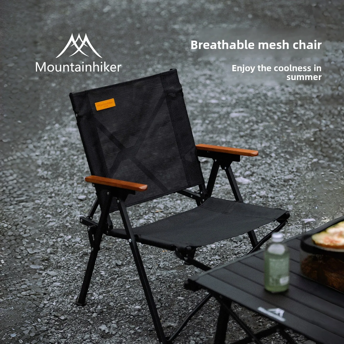 MOUNTAINHIKER Portable Breathable Mesh Camping Chair with Wooden Armrests Foldable Outdoor Beach Fishing Picnic Chair Black for