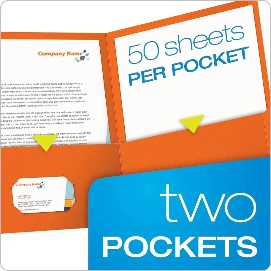 Carpeta de papel texturizada con bolsillos, tamaño carta naranja, capacidad de 100 hojas para almacenamiento escolar, oficina y documentos, 25/caja