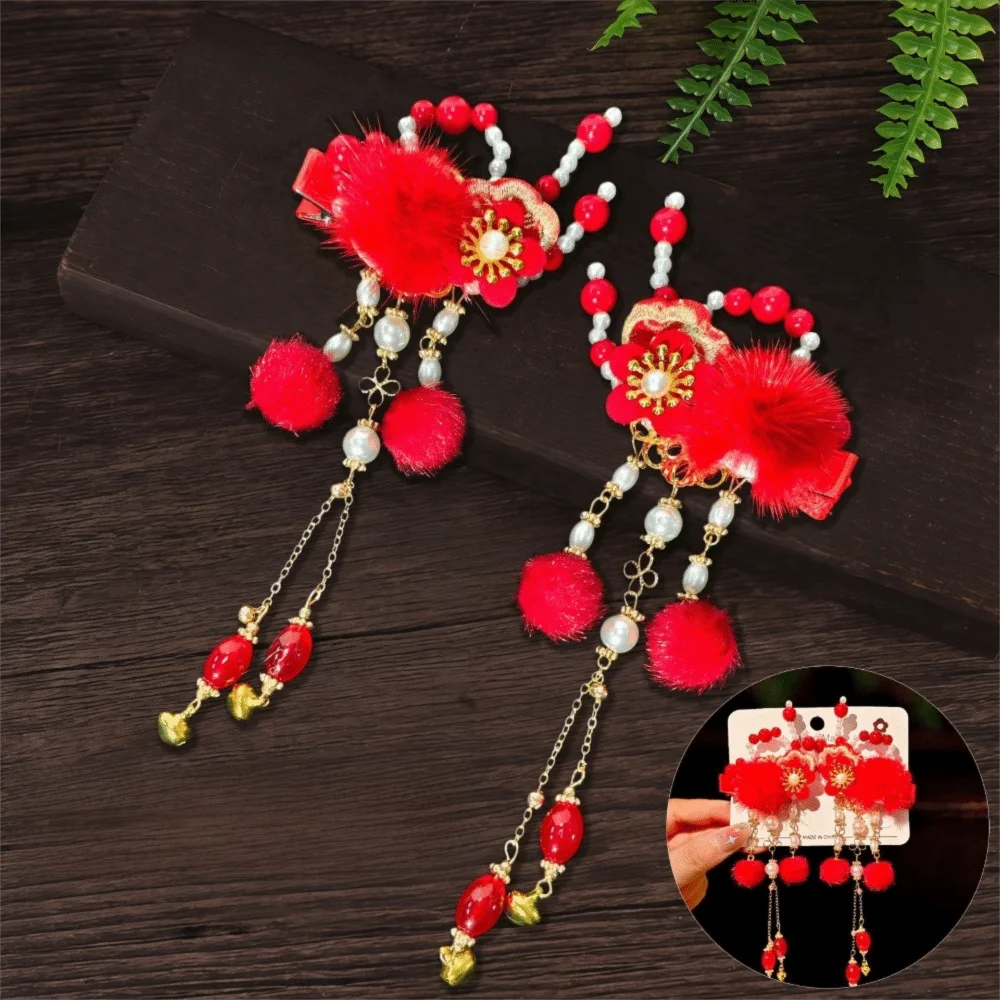 

1 Pair Chinese Style Hanfu Red Hair Clips Flower Butterfly New Year Headwear Pearl Cute Bow Tassel Hairpin New Year Gifts