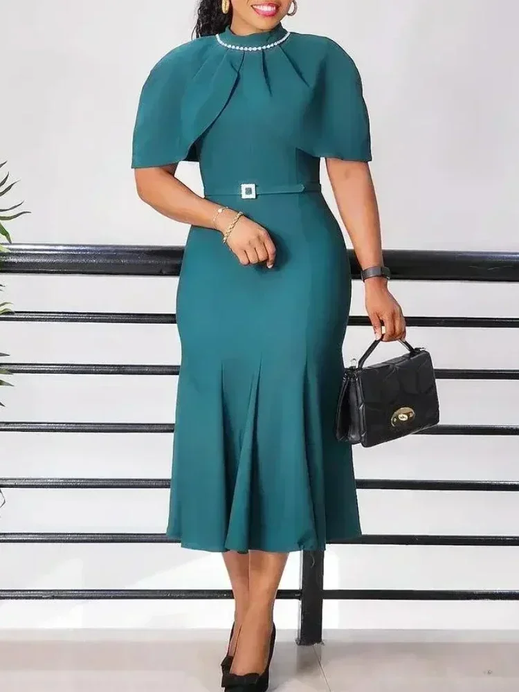 

Women's Slim Fit Office Dress High Neck Diamond Studded Waistband Solid Color Short Sleeve Professional Workwear OL Dress
