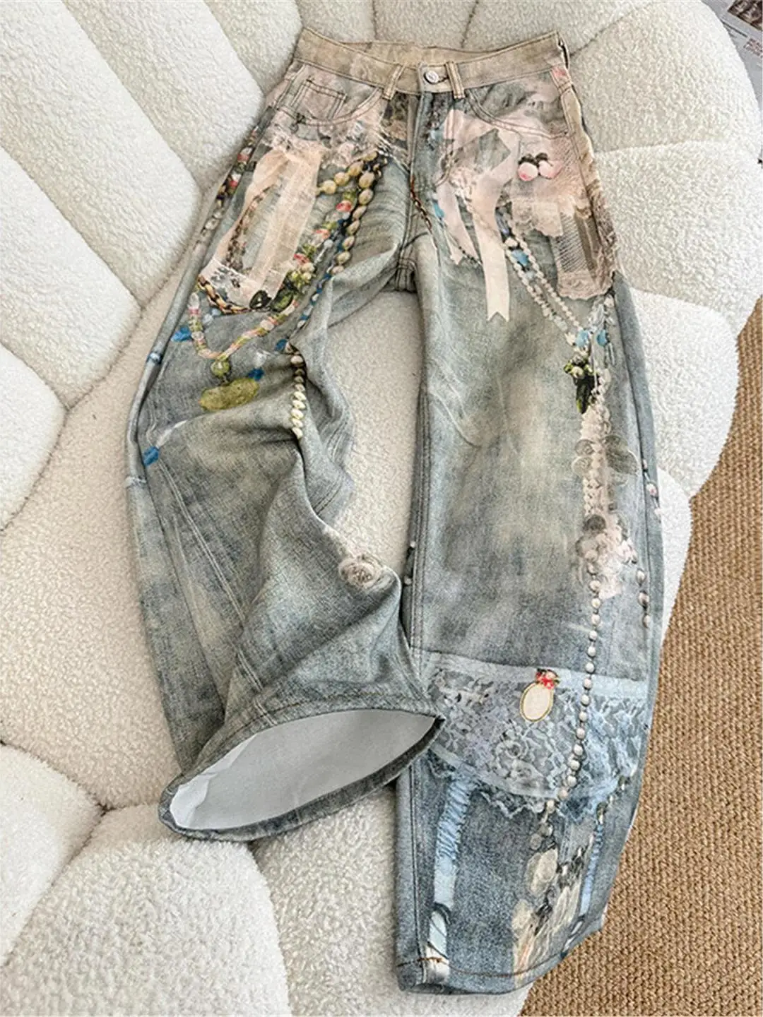 Retro Washed Floral Lace Pearl Chain Printed Straight Leg Jeans Men's Fashionable Wide Leg Pants Youthful Trendy Denim Trousers