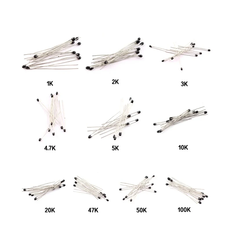 100PCS NTC Thermistor Thermal Resistor Kit NTC-MF52AT Resistors Set 1K 2K 3K 4.7K 5K 10K 20K 47K 50K 100K 5% 3950B