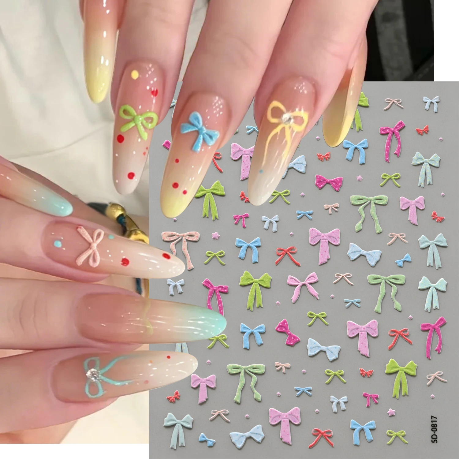 5D Embossed Ribbon Bowknot Nail Art Sticker Kawaii Polka Dots Bow Self-adhesive Manicure Decals Summer Bowtie Japanese Nail Deco