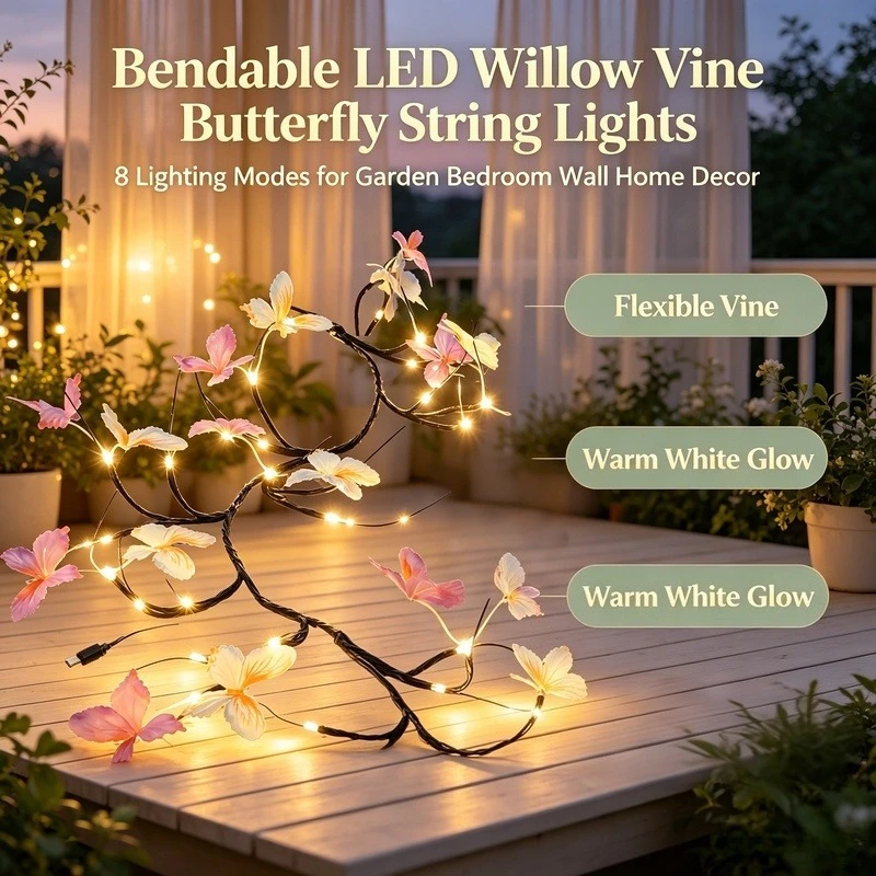 Bendable LED Willow Vine Butterfly String Lights, USB 8 Lighting Modes for Garden Bedroom Wall Home Mother's Day Decor