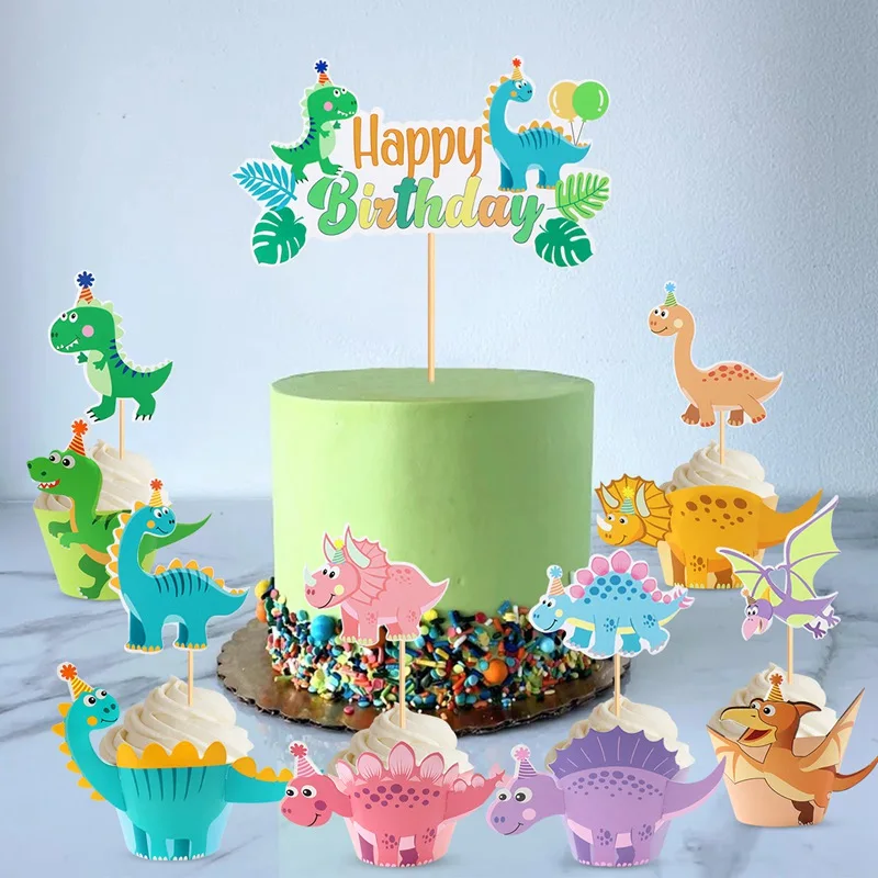 ไดโนเสาร์การ์ตูนน่ารักเค้ก Topper Jungle Safari Dino วันเกิดเค้ก Surround เด็ก Happy ไดโนเสาร์วันเกิดเค้ก Decor