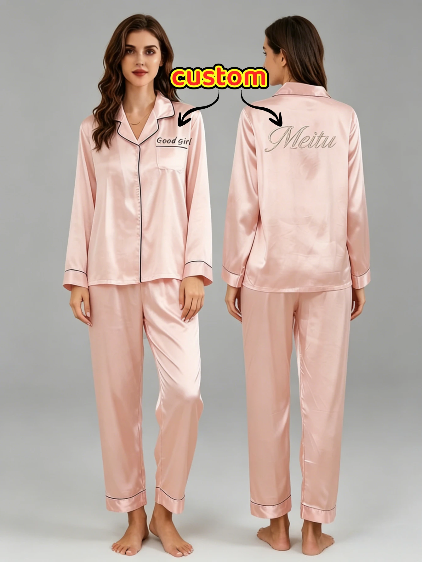 

Шелковые пижамные комплекты с вышитым именем на заказ, с длинными рукавами и брюками, для дома, на все сезоны, свадебные пижамы для невесты, подарок жене на годовщину