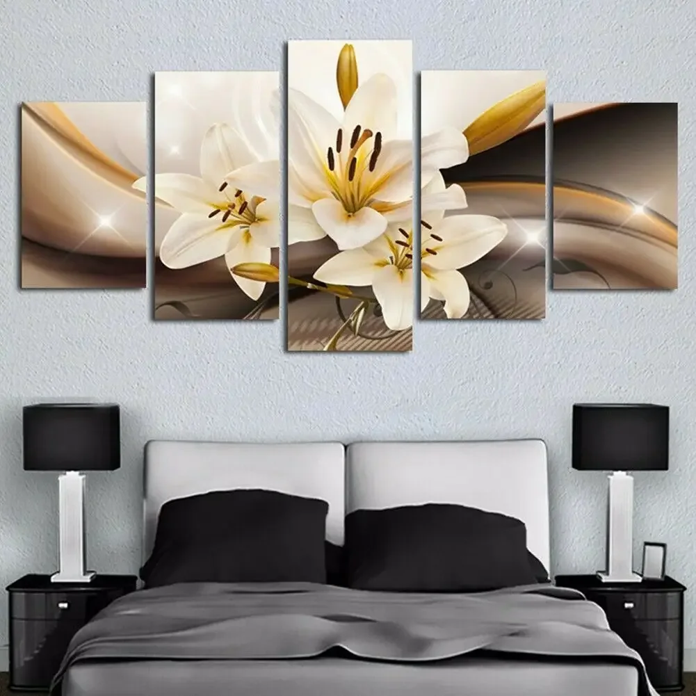 No Framed 5 Panel Abstract White Flower View Poster Print Canvas Art Modular Pictures Wall Art for Living Room Decor