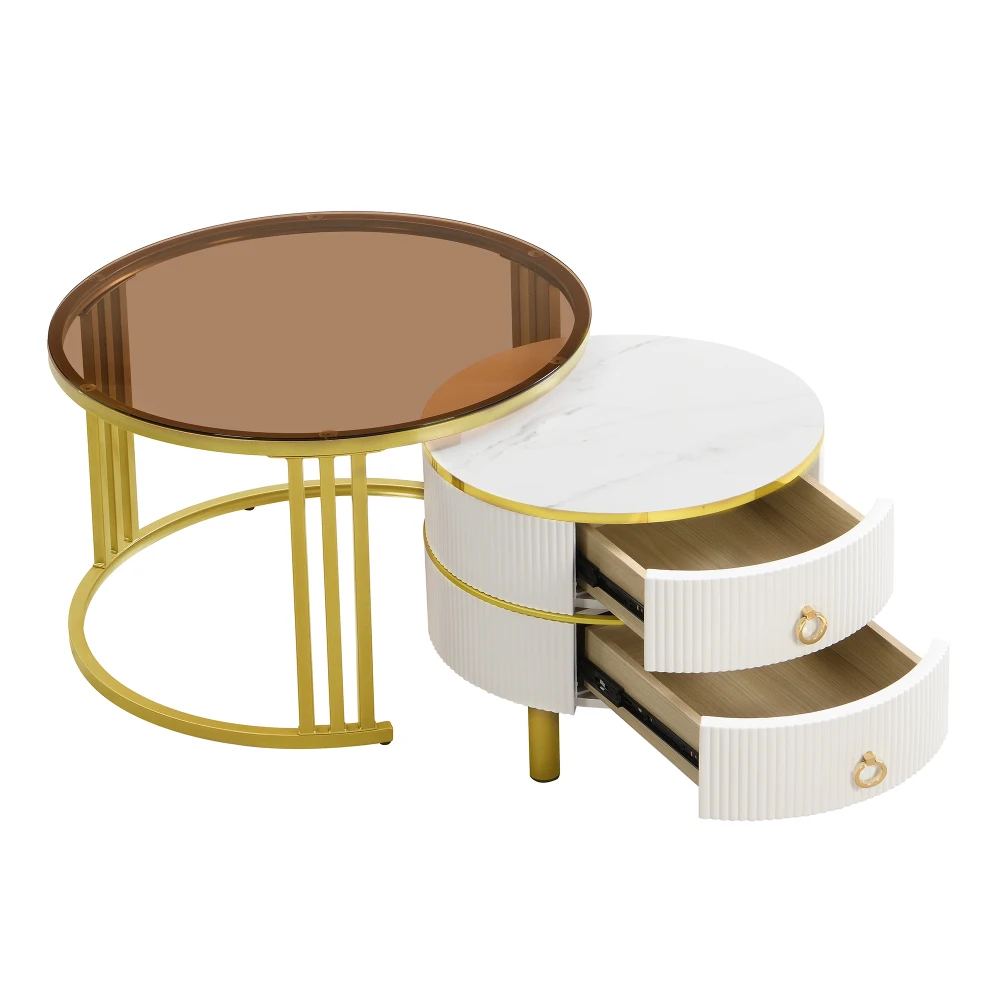 2-in-1 ronde in elkaar te schuiven salontafelset MDF met gehard glas 2 opberglades salontafelcombinatie 70*70*45+50*50*40cm