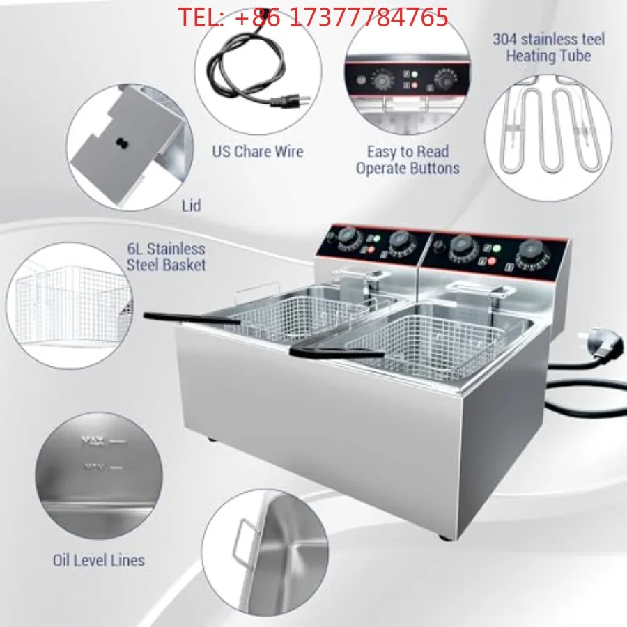 16.8 QT Commercial Deep Fryer Stainless Steel Countertop  Deep Fryer with Basket Individual Control
