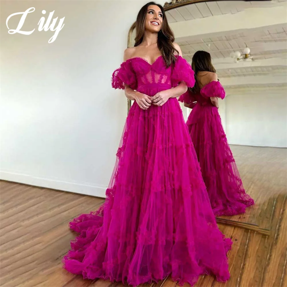 

Lily Purple A Line Formal Dress Tiered Sweetheart Party Dress with Pleats Off The Shoulder Special Occasion Dress robe soirée