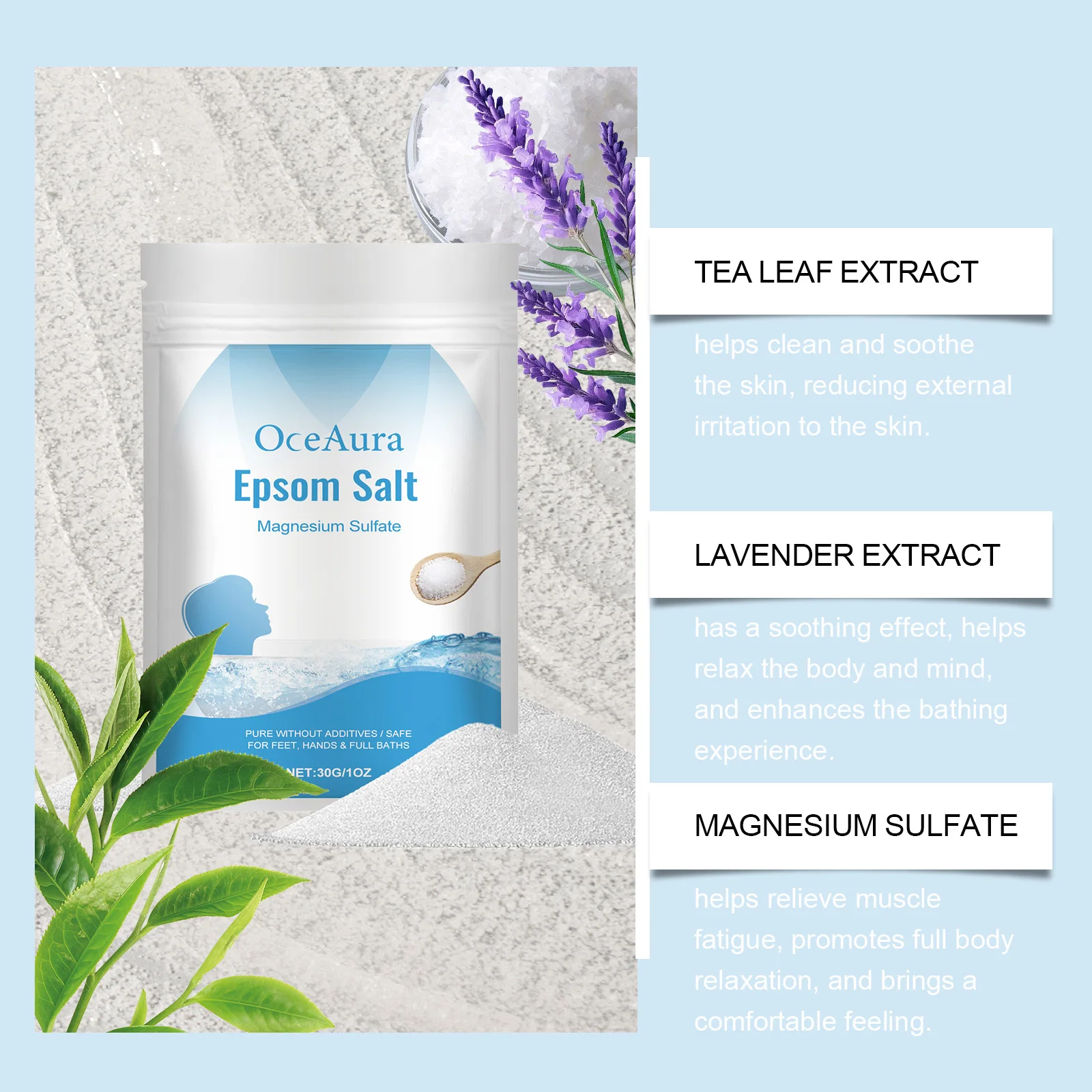 Sal de banho esfoliante corporal esfoliante árvore de chá limpeza profunda hidratar lavanda ácido salicílico suave suavizar a pele spa sal