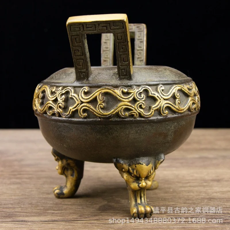 Pure Copper Antique-Style Gilded Lion Foot Punch Dragon Pattern Incense Burner Ornament for Office Living Room Shop Desktop Deco