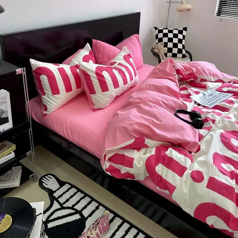 

French Sweetheart Pink Letter Bedding Set Korean Flat Bed Sheet Pillowcase Twin Full Queen Size Bed Linen Duvet Cover No Filling