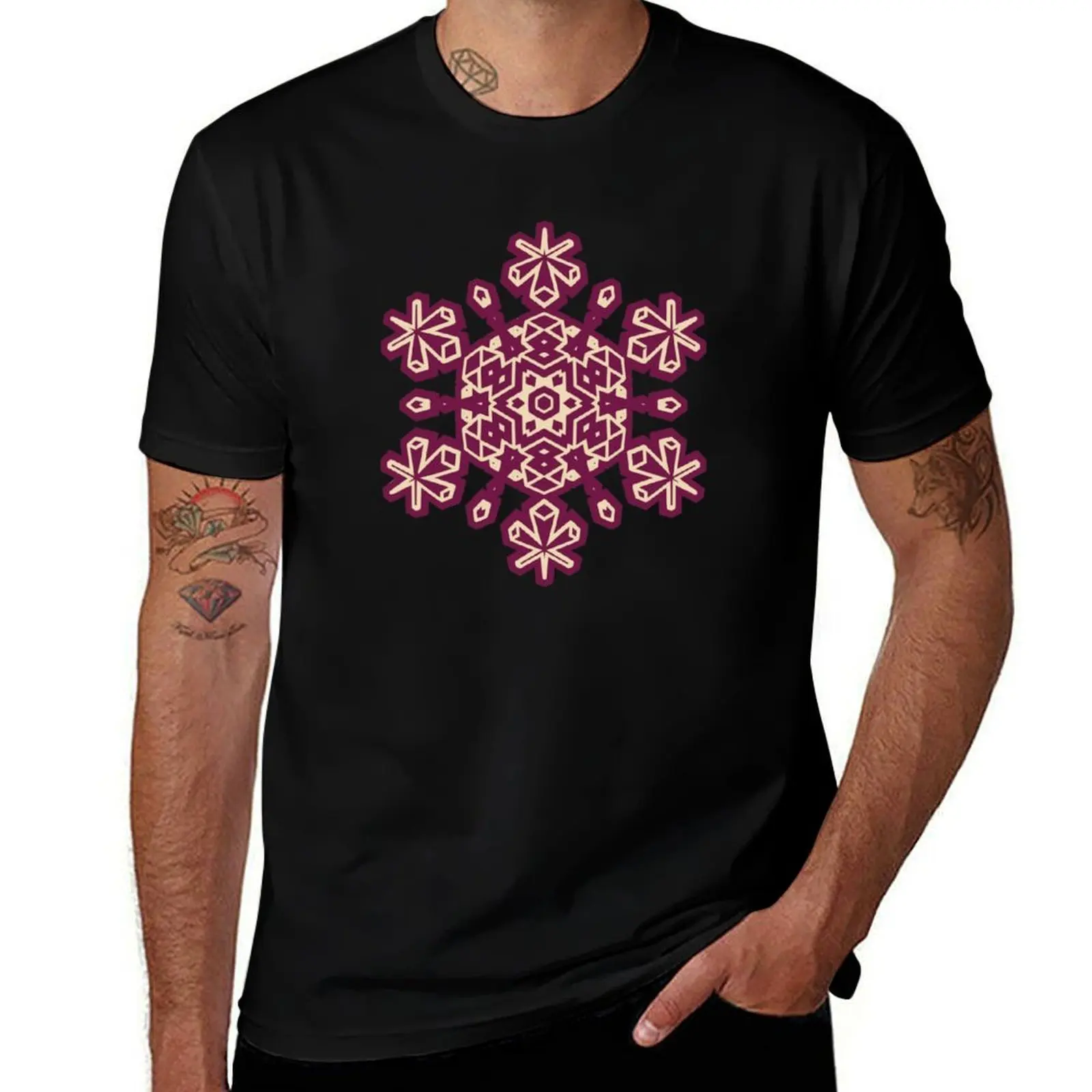 

Elegant Burgundy & Cream Mandala Geometric Snowflake Pattern T-Shirt summer shirt oversized t shirt mens cotton t shirts