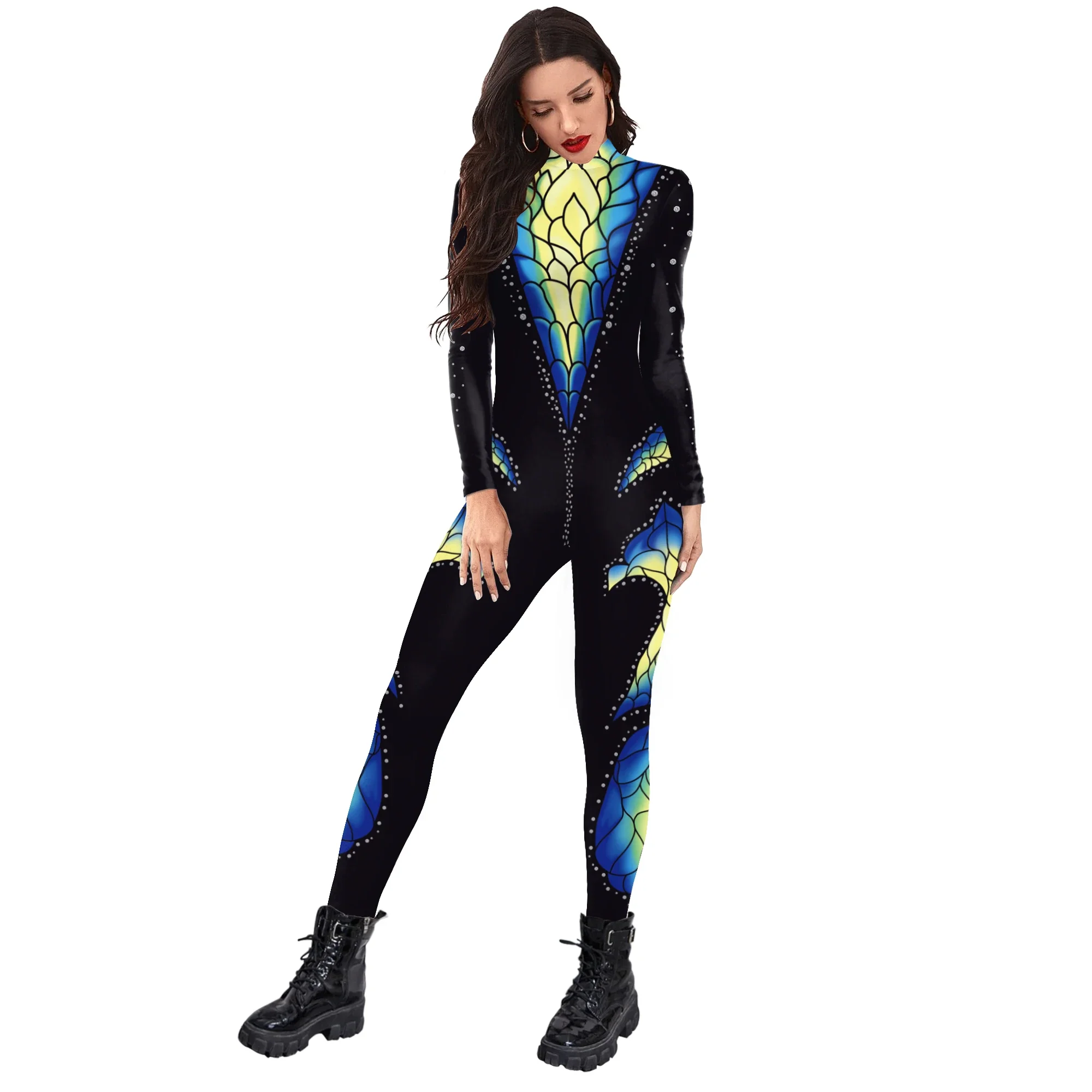 Peacock Feather Printing Sexy Slim Bodysuit Skinny Carnival Cosplay Costumes Fancy Outfit Catsuit Overalls