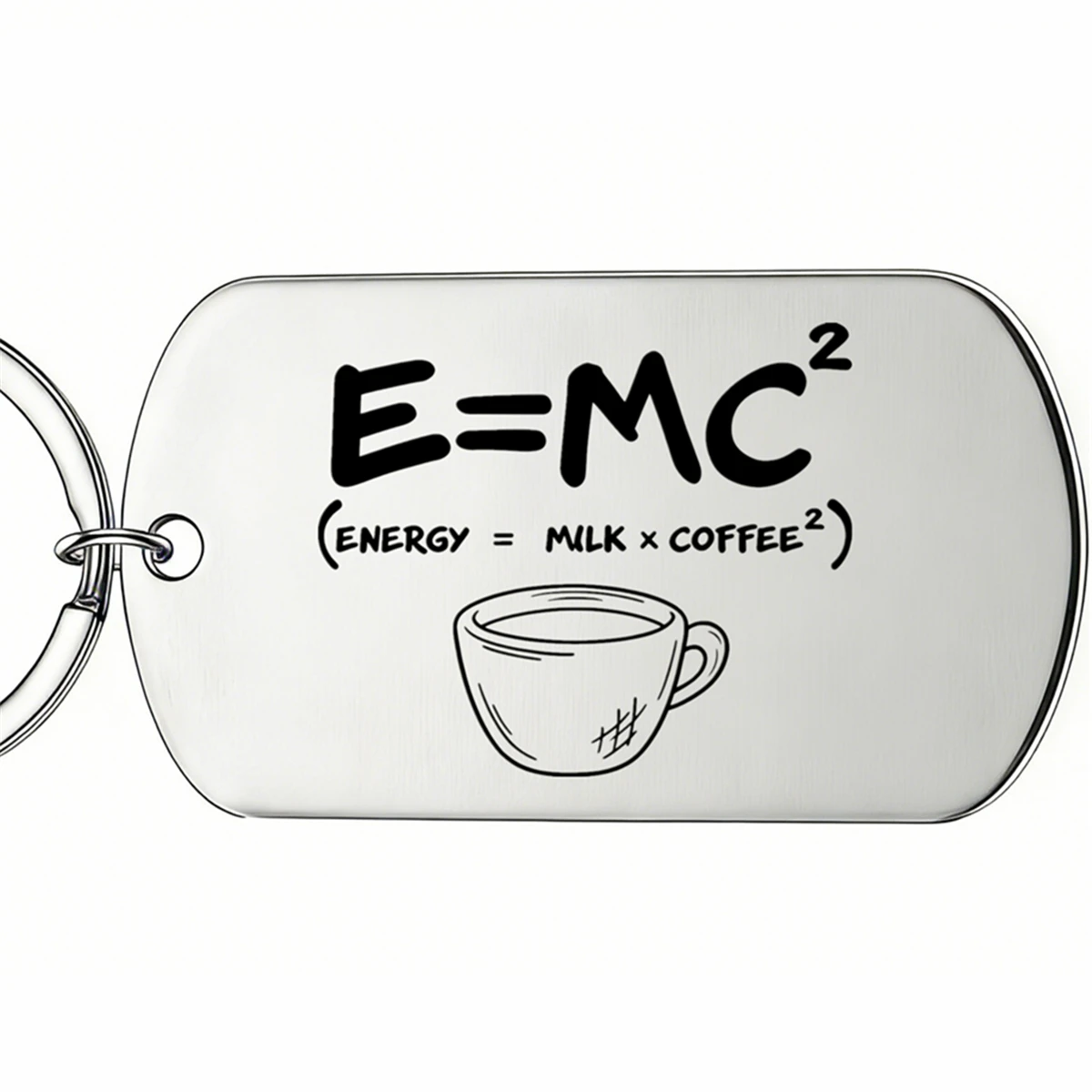 1pc Funny Coffee Lover Keychain Stainless Steel Dog Tag E=MC2 Milk Coffee Equation Engraved Key Ring Gift for Barista Men Women