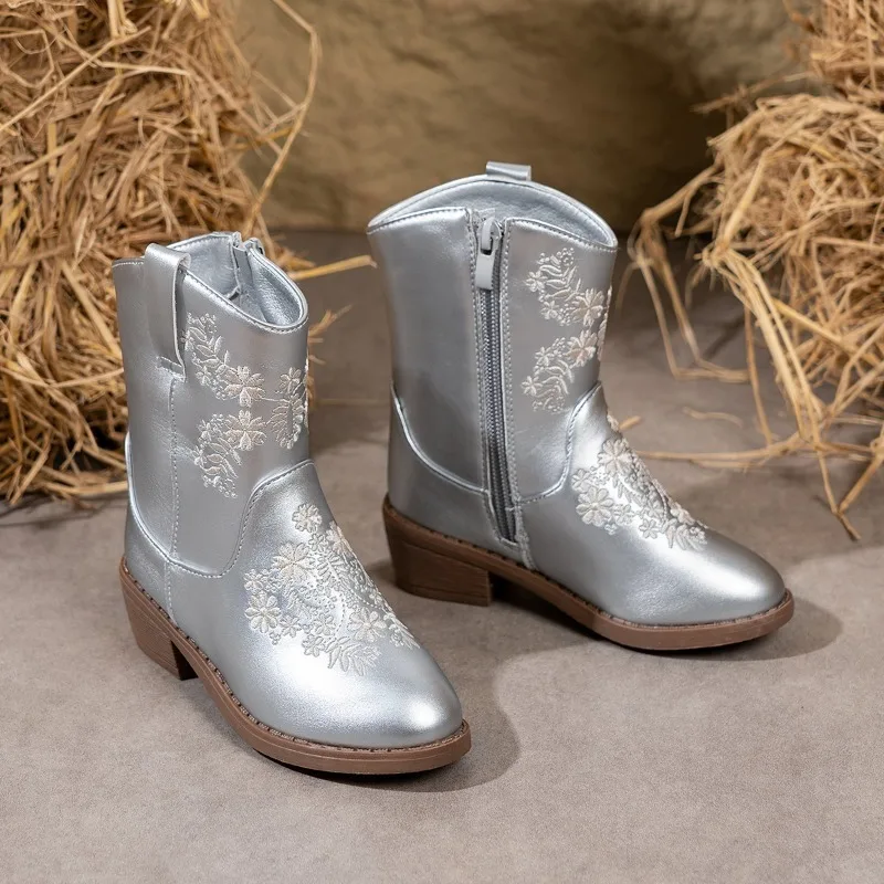 

Детские модные ковбойские сапоги в стиле вестерн с серебряной вышивкой, удобные осенние ботильоны для девочек, детская обувь для девочек