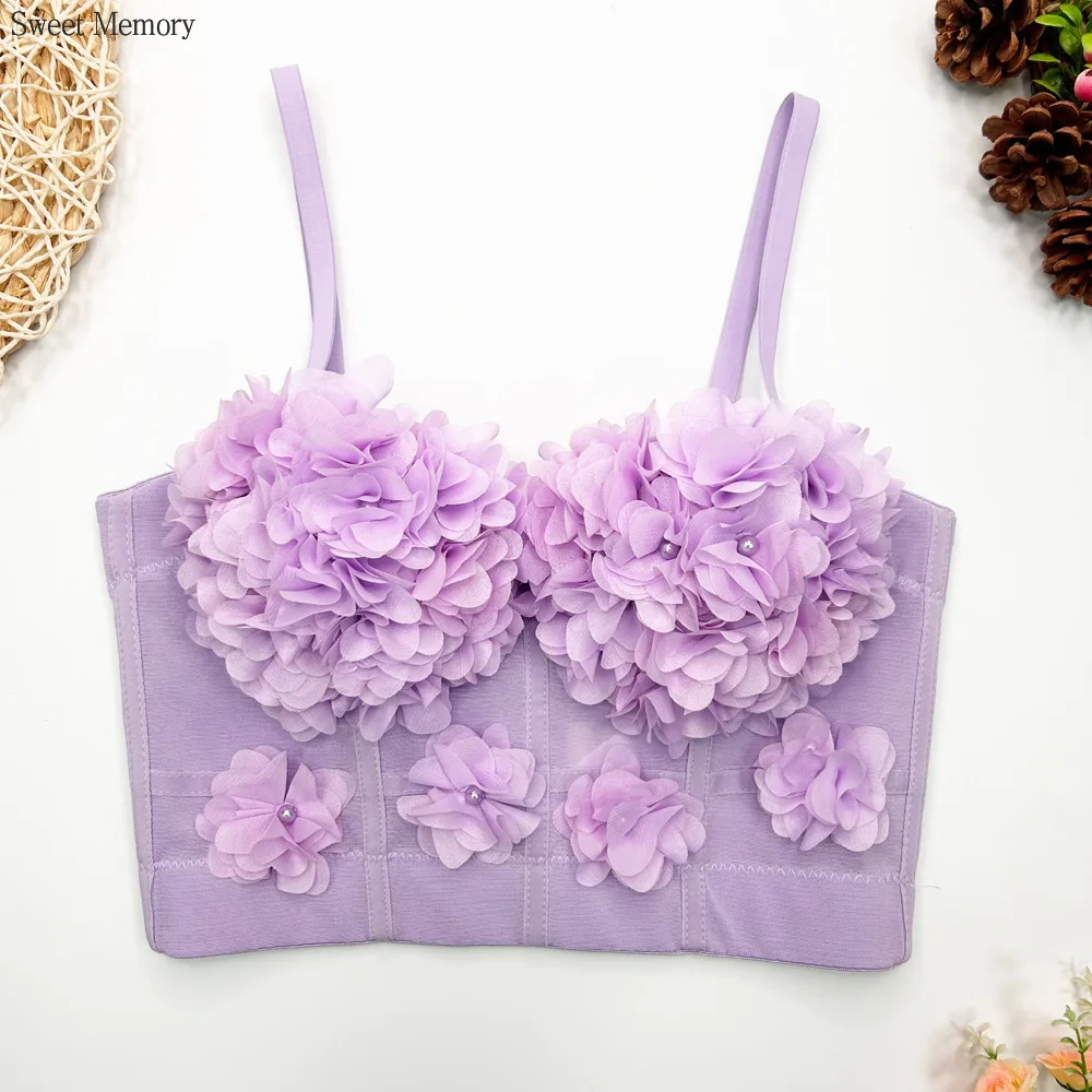 

A862 Dropship Fashion Girls Floral Bustier Women Clothes Sweet Memory Lace Mesh Camisole with Short Straps Rhinestone Top