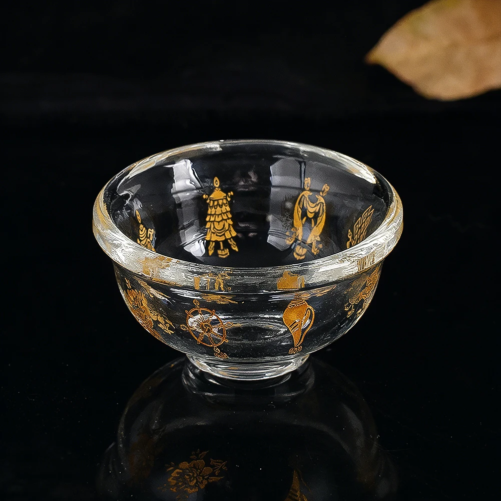 Buddhistische Altar-Gebetsschale aus Premium-Kristallglas mit vergoldeten acht Glückssymbolen für Zen-Dekoration und Geschenke – Detail 2