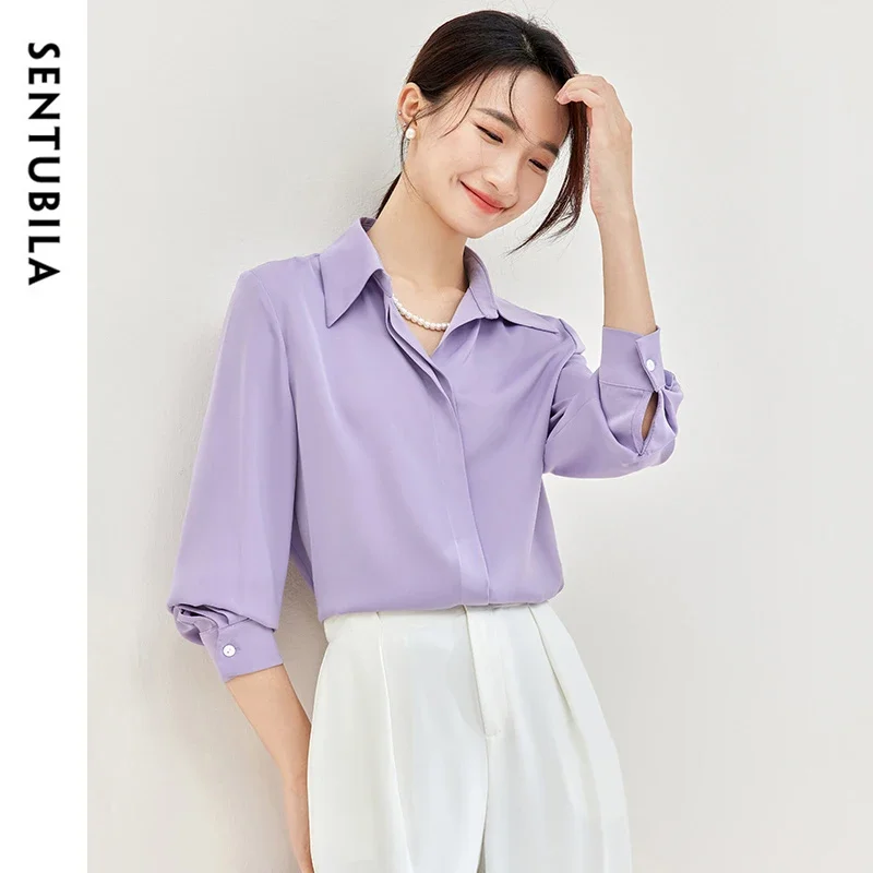 SENTUBILA Solid Office Lady Blouse for Women 2024 Autumn Straight Chiffon POLO Neck Elegant Pearl Chain Women Shirt 143V56771X