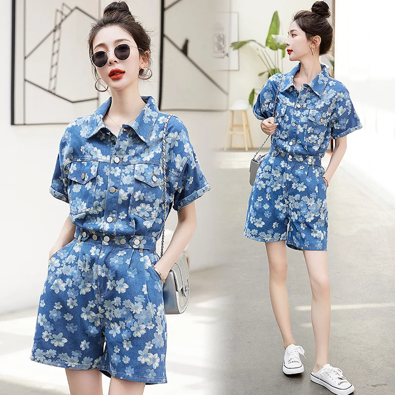 Printed jumpsuit for women's summer 2024 new high waist small figure design denim jumpsuit set