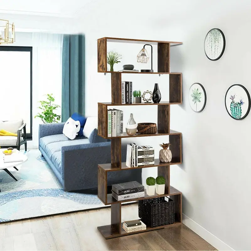 6-Tier S-Shaped Bookcase Z-Shelf Style Storage Bookshelf-Coffee