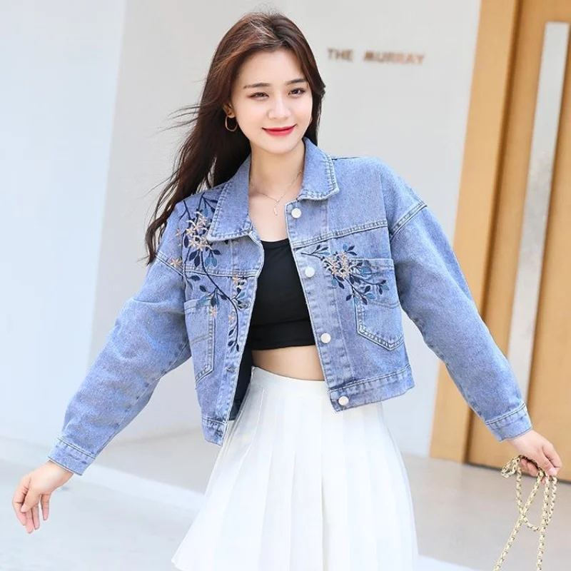 Embroidered Women's Denim Jacket New Outerwear Little Fellow Casual Preppy  Stylish Student Loose Short Long Sleeves Jackets