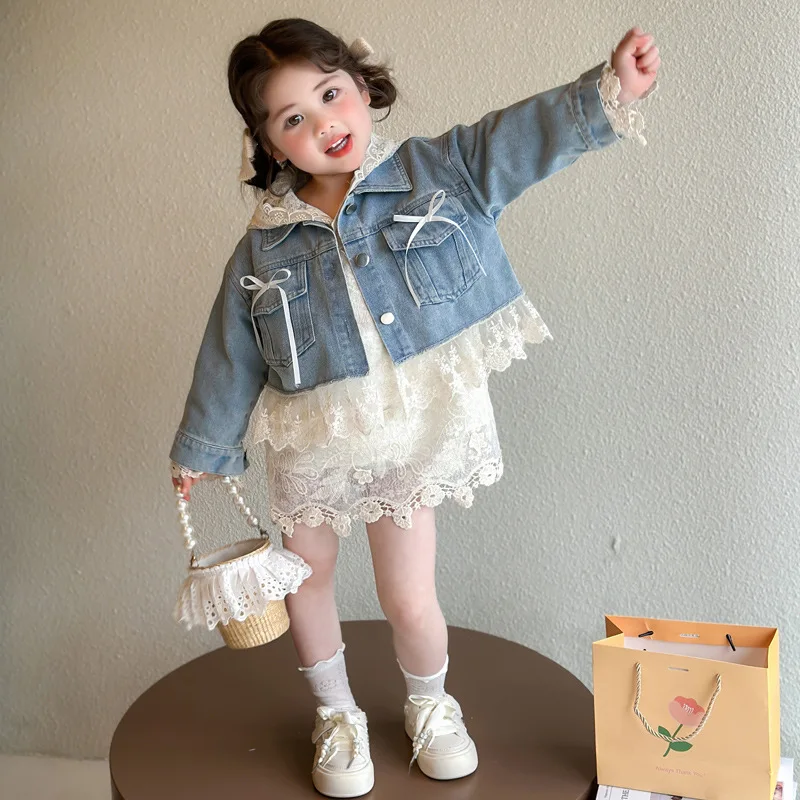 

2025Spring New Style Girls' Clothing Fashionable Children's Little Girl Lace Flower Hem Denim Jacket Dress