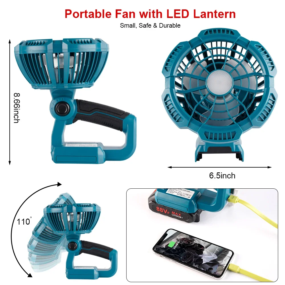 ONEVAN Portable Cordless Fan Light Working Lamp 3300RPM Portable Camping Fan Outdoor Fan With USB Output For Makita 18v Battery