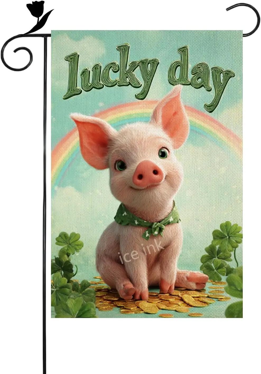 Ice ink Pig Lucky St Patricks Day Rainbow Garden Flag 12x18 Inch Linen Burlap Double Colorful Sided Yard Flag for House Home LLX