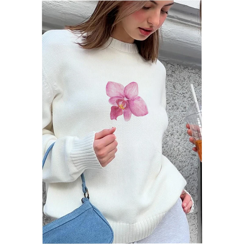 Autumn Casual Women Sweaters O-Neck Flower Sweatshirt Comfortable Long Sleeve Pullover Y2k Vintage Streetwear Chic White Jumpers