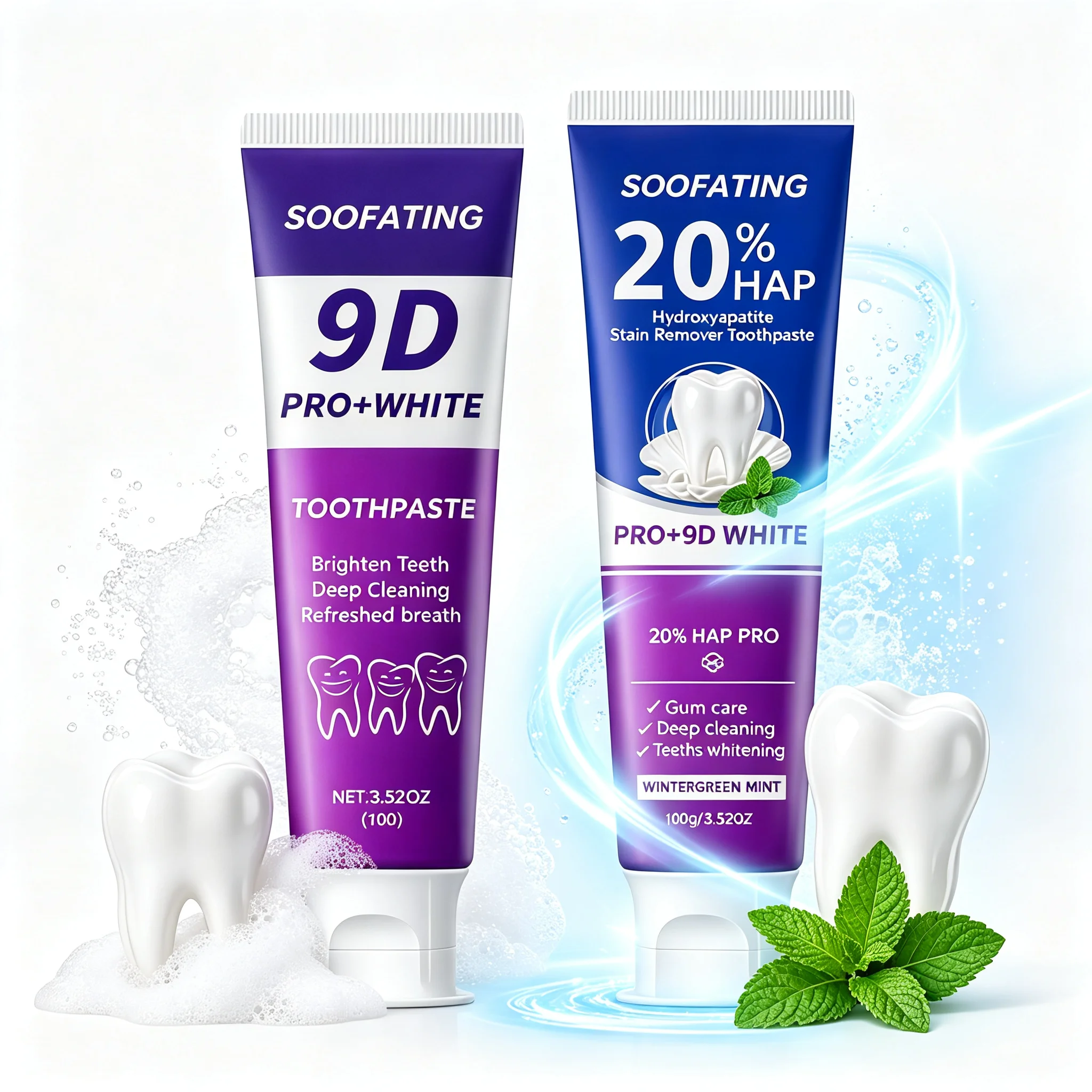 SOOFATING 9D & 7D White Toothpaste, 20% NHAP & Niacinamide, Deep Clean Fresh Breath, Double Ice Mint, 2 Pack 100g
